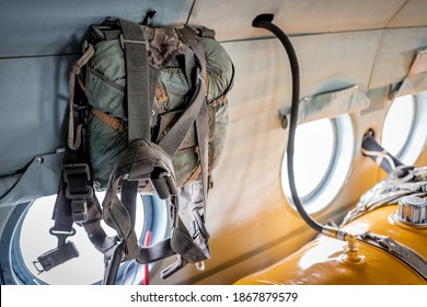 rescue military parachute bag in the helicopter cabin