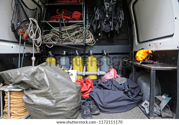 Rescue mobile post with a\
diving equipment set: balloons, wetsuits, buoys, bags.\
Demonstration for mass-media organized by Police Directorate.\
August 10,2018. Kiev,\
Ukraine