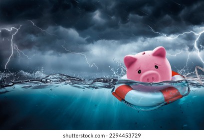 Rescue Savings And Banking Insurance Concept - Piggy Bank At Risk To Drowning In Debt - Contain 3d Rendering