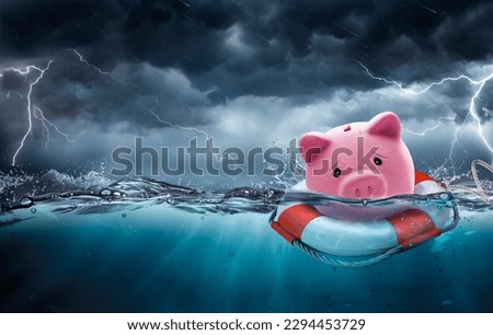 Rescue Savings And Banking Insurance Concept - Piggy Bank At Risk To Drowning In Debt - Contain 3d Rendering