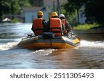 Rescue team navigating a flooded residential street in an inflatable raft. Three team members wearing safety helmets and life jackets are seen from behind as they assess the flood damage