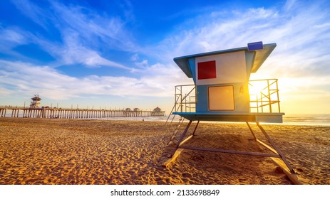 rescue tower at huntington beach during sunset - Powered by Shutterstock