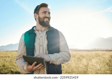 Research or agriculture man on tablet on farm for sustainability, production or industry growth analysis. Agro, happy or farmer on countryside field for weather, checklist or data search in Texas - Shutterstock ID 2259921419