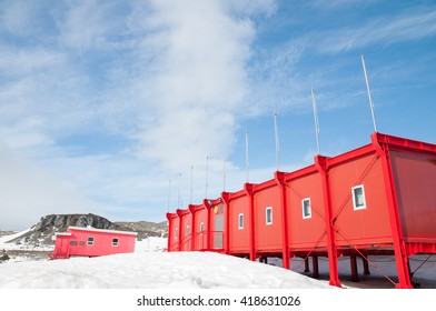 Research Building And Blue Sky At Antarctica