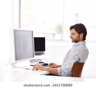Research, computer and business man in office for planning, agenda and professional feedback. Online, website and document with male employee reading in startup agency for company information