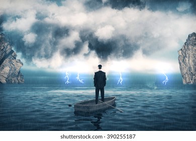 Research concept with businessman in boat in the middle of the sea and cloudy skies. 