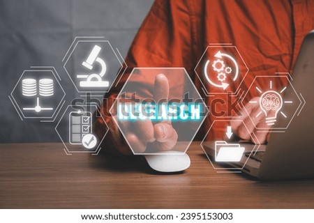 Research concept, Businessman using laptopcomputer and hand touching research icon on virtual screen.