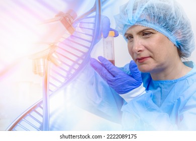 research and developement concept background of DNA strand overlay with blurred female scientist holding tube of blood sample in biotechnology laboratory. concept of gene and chromosome research