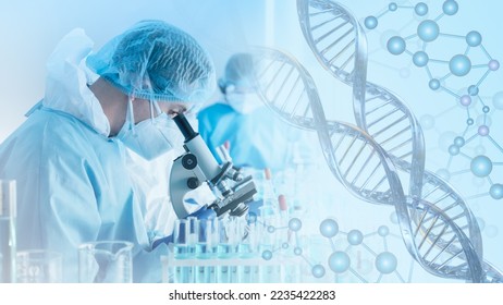 research and developement concept background scientist or reseacher using microscope in biotechnology laboratory  overlay with DNA strand and molecules symbo; . concept of DNA engineering - Shutterstock ID 2235422283