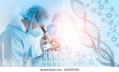 research and developement concept background of scientist or reseacher using microscope in biotechnology laboratory  overlay with DNA strand and molecules symbol, concept of DNA engineering - Shutterstock ID 2235597941