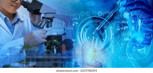 Research and developement concept background of scientist or reseacher using microscope in biotechnology laboratory overlay with DNA strand and molecules symbol, concept of DNA engineering - Powered by Shutterstock