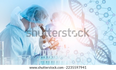 research and developement concept background of scientist or reseacher using microscope in biotechnology laboratory  overlay with DNA strand and molecules symbol, concept of DNA engineering