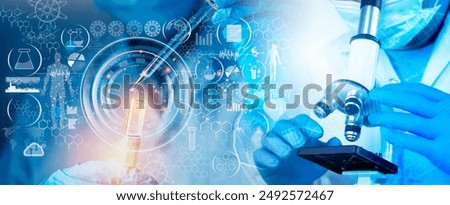 Research and developement concept background of scientist or reseacher using microscope in biotechnology laboratory  overlay with DNA strand and molecules symbol, concept of DNA engineering