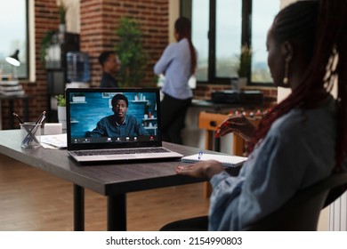 Research And Development Company Team Leader In Videocall Remote Conference With CEO. Marketing Agency Office Worker Talking With Superior On Digital Video Meeting While In Office Workspace.