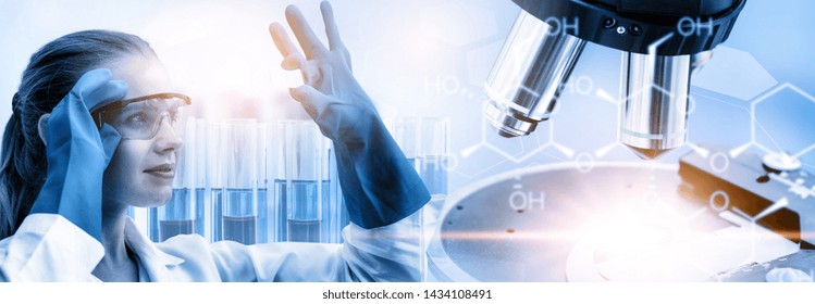 Research and development concept. Double exposure image of scientific and medical lab instrument, microscope, test tube and glass flask for microbiology and chemistry in laboratory for medicine study.