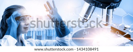 Research and development concept. Double exposure image of scientific and medical lab instrument, microscope, test tube and glass flask for microbiology and chemistry in laboratory for medicine study.
