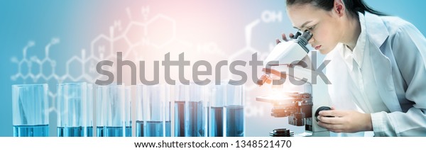 Research and development concept. Double exposure
image of scientific and medical lab instrument, microscope, test
tube and glass flask for microbiology and chemistry in laboratory
for medicine study.