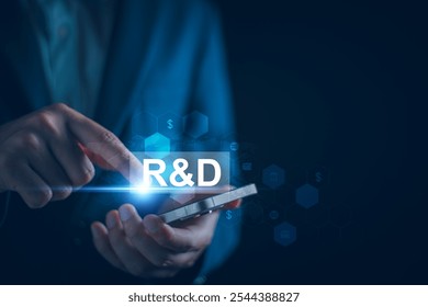 Research and Development, R and D Concept. businessman with R and D,  Research and development or R and D to remine new product development process explains the importance of each step of work