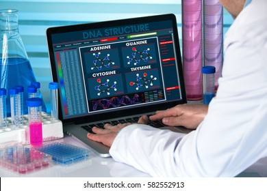 research geneticist working with analysis dna software on laptop in the genetic laboratory / genetic engineer using computer with structure test dna in biotechnology lab