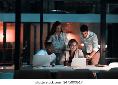 Research, laptop and business people in office at night with stock market charts for corporate investment. Discussion, computer and financial advisors working on company profit report with deadline.