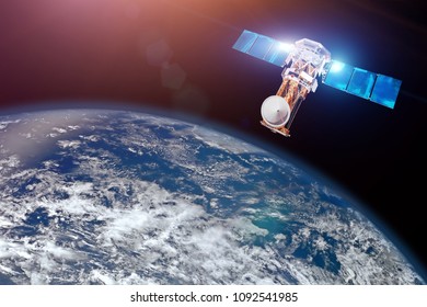 Research, Probing, Monitoring Of In Atmosphere. Satellite Above The Earth Makes Measurements Of The Weather Parameters. Elements Of This Image Furnished By NASA