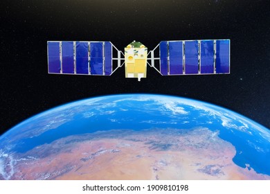 Research, Probing, Monitoring Of In Atmosphere. Satellite Above The Earth Makes Measurements Of The Weather Parameters. Elements Of This Image Furnished By NASA