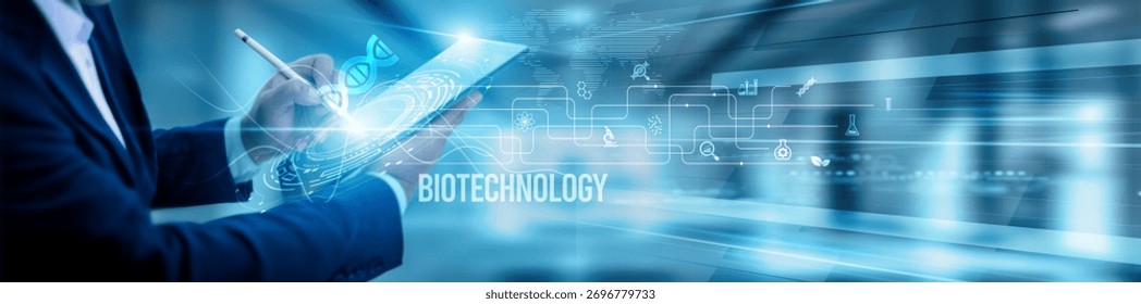 A research scientist team using a tablet and analyzing biotechnology innovations, genetic engineering medical research healthcare automation nanotech data analytics, and advanced solutions.