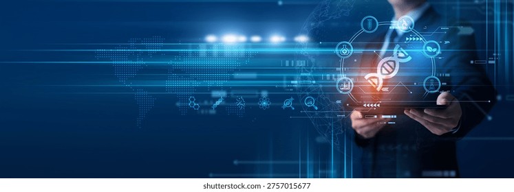 Research scientist using tablet analyzing biotechnology experiments and lab results. Biotechnology innovation, genetic analysis, healthcare solutions and research development.