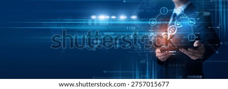 Research scientist using tablet analyzing biotechnology experiments and lab results. Biotechnology innovation, genetic analysis, healthcare solutions and research development.
