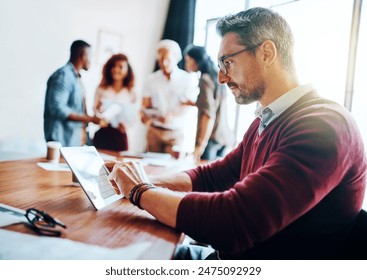 Research, tablet and business man reading email on internet for information, data and project. Technology, graph and professional on web app for statistics or analysis of financial analyst in startup - Powered by Shutterstock