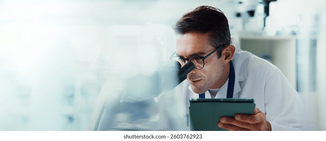 Research, tablet or man in lab with microscope, vaccine test or medical experiment for cancer treatment. Biotech, space or scientist with science results, study or sample with cure, banner or mockup