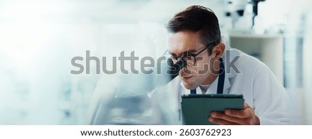 Research, tablet or man in lab with microscope, vaccine test or medical experiment for cancer treatment. Biotech, space or scientist with science results, study or sample with cure, banner or mockup