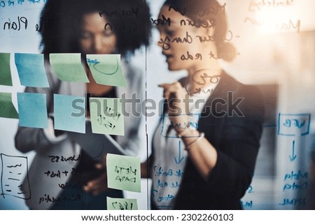 Research, teamwork and business meeting by women planning schedule on digital tablet in office. Agenda, management and lady team online for solution, strategy or brainstorming mission on sticky note