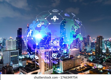 Research and technological development glowing icons. Night panoramic city view of Bangkok. Concept of innovative activities expanding new services or products in Asia. Double exposure.