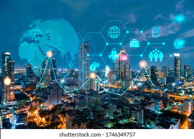 Research and technological development glowing icons. Night panoramic city view of Bangkok. Concept of innovative activities expanding new services or products in Asia. Double exposure. - Shutterstock ID 1746349757