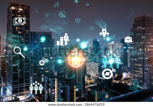 Research
and technological development glowing icons. Night panoramic city
view of Bangkok. Concept of innovative activities expanding new
services or products in Asia. Double
exposure.