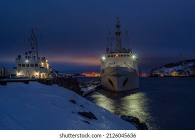 Research Vessel At The Pier, Murmansk, Russia, Arctic, Polar Night