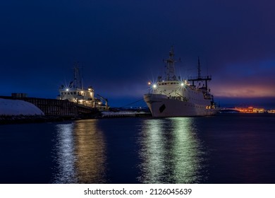 Research Vessel At The Pier, Murmansk, Russia, Arctic, Polar Night