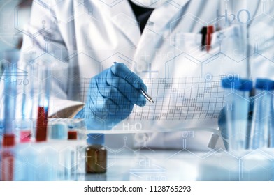 Researcher Engineer Working On Scientific Formulas In The Chemical Laboratory / Researcher Working Collection Data In The Research Laboratory