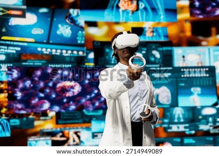 Researcher looking at CT scans using VR headset gear. Female scientist analyzing neurology research charts using virtual reality technology, looking at pictures of human organs