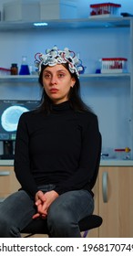 Researcher And Patient With Eeg Headset Looking At Virtual Display With Touchscreen, Virtual Reality Using Medical Inovation In Neurological Research Lab. Scientists Working With Healthcare Simulator