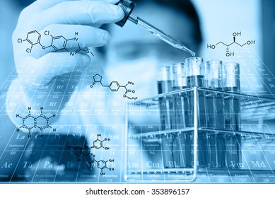 researcher is testing, dropping reagent to test tube at laboratory with chemical equations and periodic table background.Man wears protective goggles