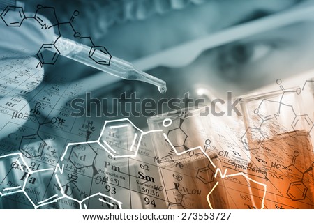 A researcher is testing, dropping reagent to test tube at laboratory with chemical equations and periodic table background.