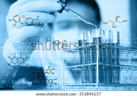 researcher is testing, dropping reagent to test tube at laboratory with chemical equations and periodic table background.Man wears protective goggles