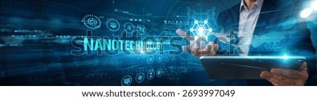 Researcher using a tablet analyzing nanotechnology material data innovation, molecular automation efficiency monitoring integration productivity solutions.