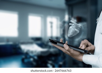 A researcher is utilizing modern technology to study the heart. The focus is on a 3D heart model displayed above a tablet in a contemporary medical setting, enhancing understanding and diagnostics.