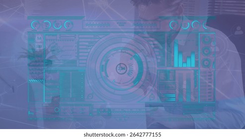 Researcher wearing lab coat writing in notepad in lab, with holographic interface over desk. Futuristic, innovation, technology, data visualization, scientific, workspace, professional