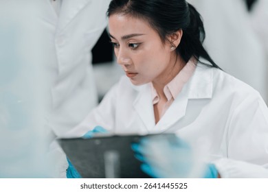 Researchers collaborate in a cutting-edge DNA laboratory, analyzing samples on petri dishes to explore genetic structures and decode molecular data for innovative scientific breakthroughs