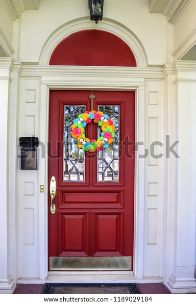 Resentails Red Front Door Leaded Glass Stock Photo Edit Now