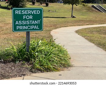 Reserved For Assistant Principal Of The Year Green Parking Sign At A School